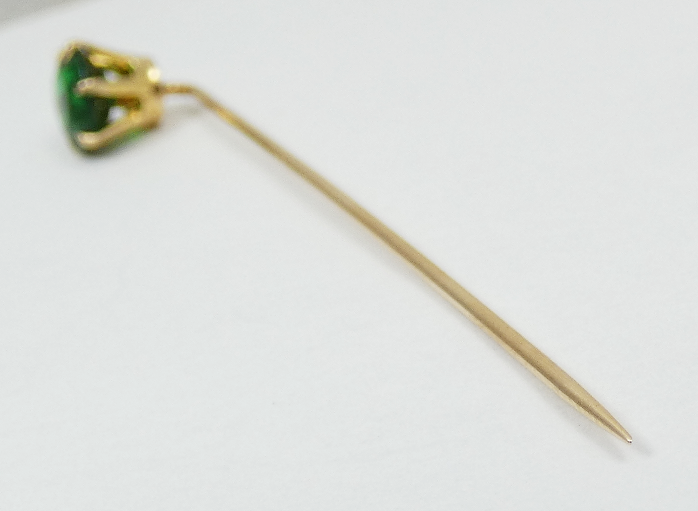 Antique Vintage Solid 14ct Yellow Gold Green Stone 59mm Stick Hat Pin Brooch 585