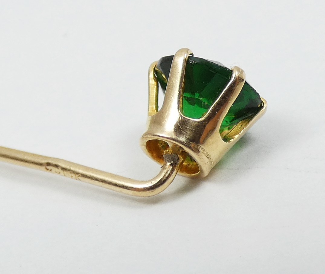 Antique Vintage Solid 14ct Yellow Gold Green Stone 59mm Stick Hat Pin Brooch 585