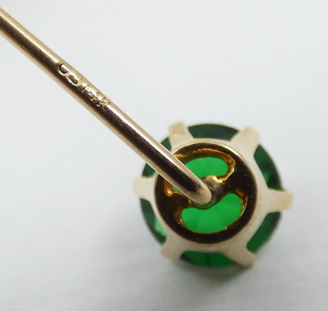 Antique Vintage Solid 14ct Yellow Gold Green Stone 59mm Stick Hat Pin Brooch 585