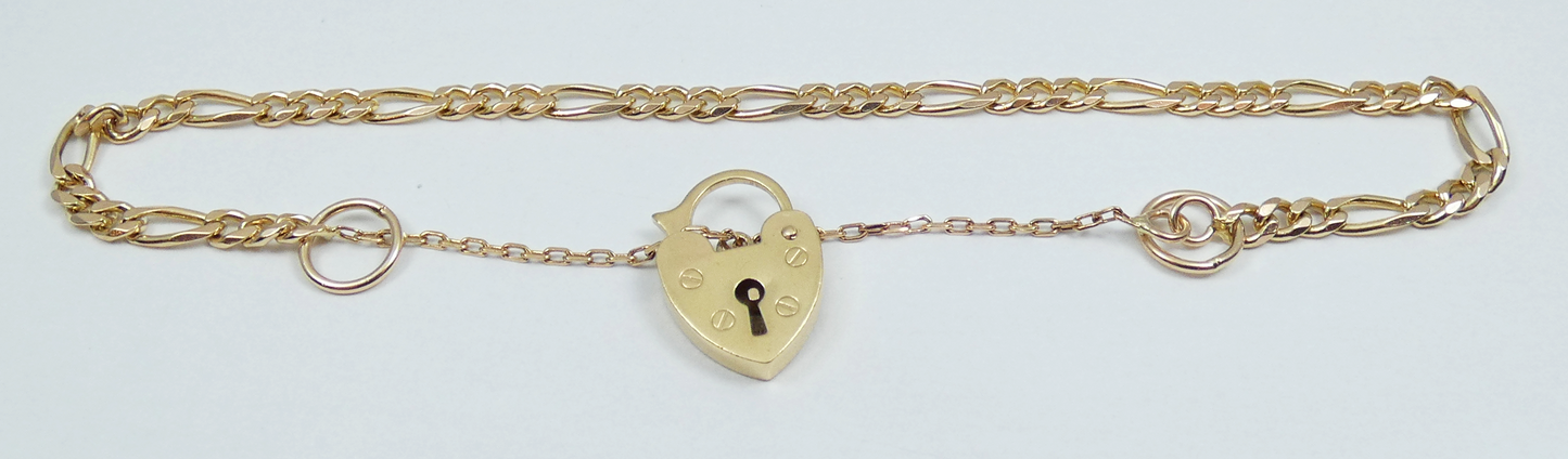Solid 9ct Yellow Gold 18cm 7" Charm Bracelet 4mm Figaro Link Chain Padlock Clasp