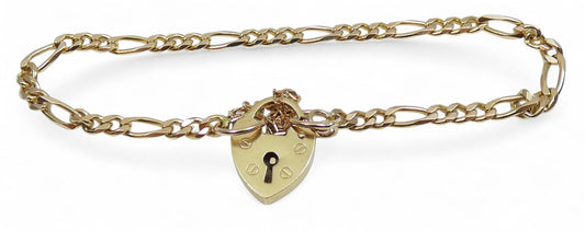 Solid 9ct Yellow Gold 18cm 7" Charm Bracelet 4mm Figaro Link Chain Padlock Clasp