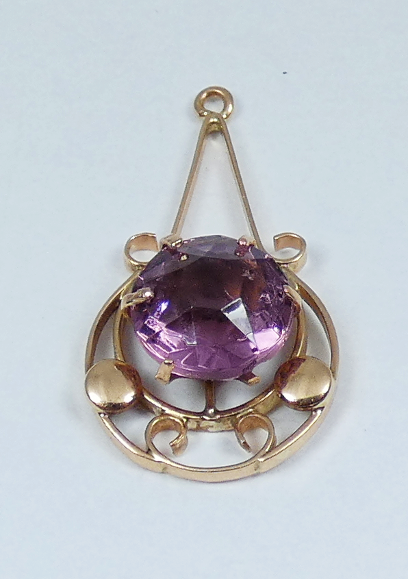 Antique Edwardian 1910 Solid 9ct Yellow Gold Tourmaline Glass Necklace Pendant
