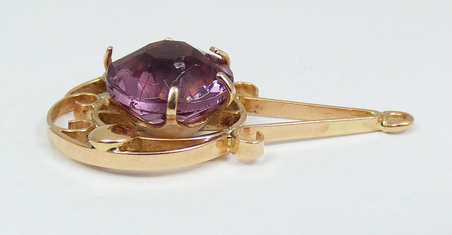 Antique Edwardian 1910 Solid 9ct Yellow Gold Tourmaline Glass Necklace Pendant
