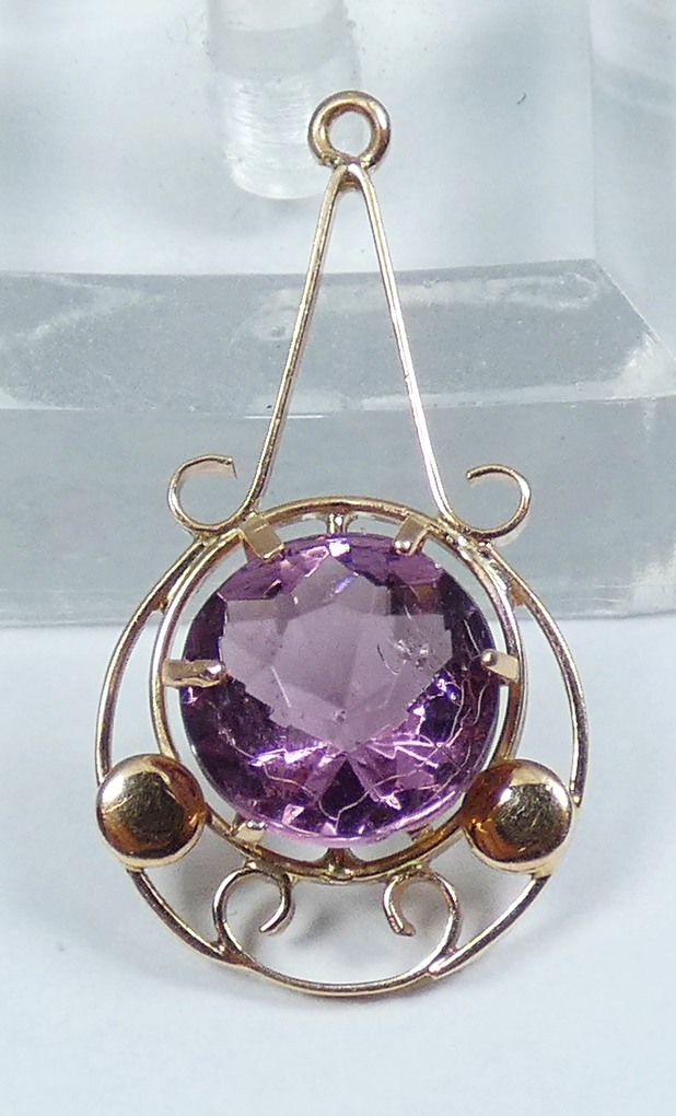 Antique Edwardian 1910 Solid 9ct Yellow Gold Tourmaline Glass Necklace Pendant