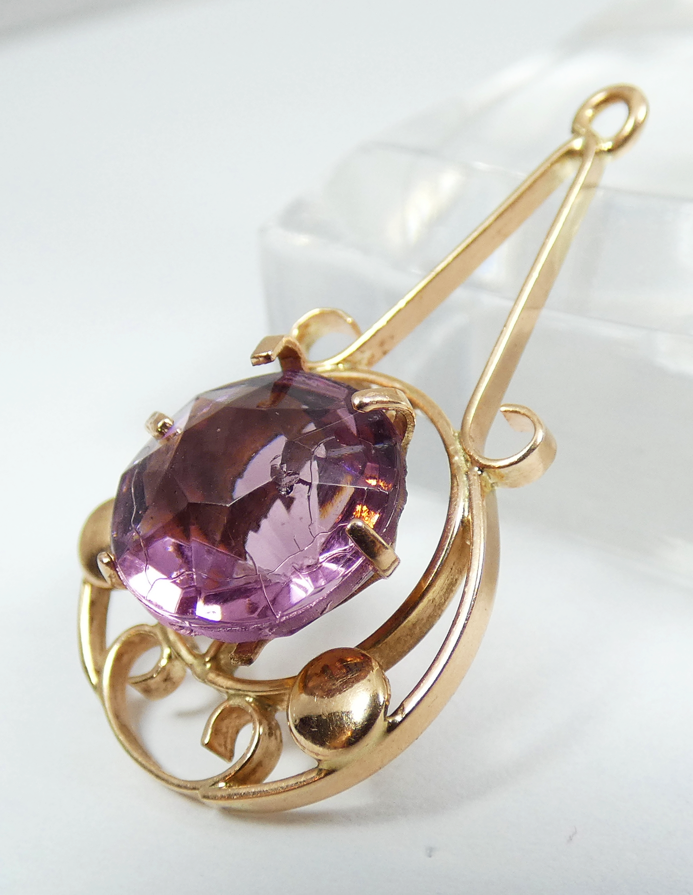 Antique Edwardian 1910 Solid 9ct Yellow Gold Tourmaline Glass Necklace Pendant