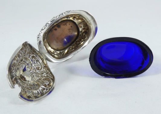Antique Edwardian 1907 Sterling Silver Mustard Cruet Pot Blue Glass Repousse WA