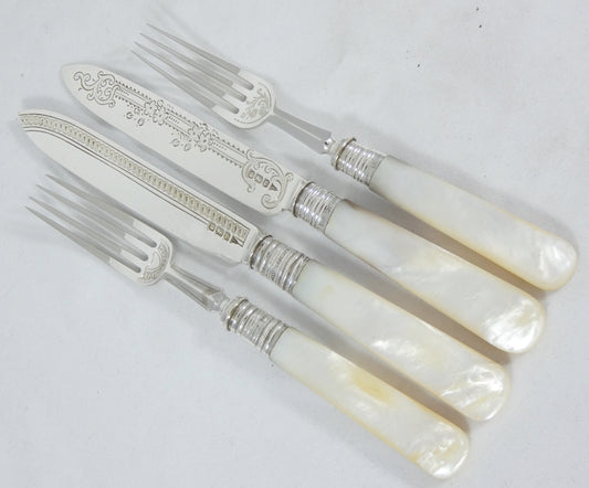 Antique Edwardian 1907 24pc Sterling Silver MOP Boxed Fruit Dessert Cutlery Set