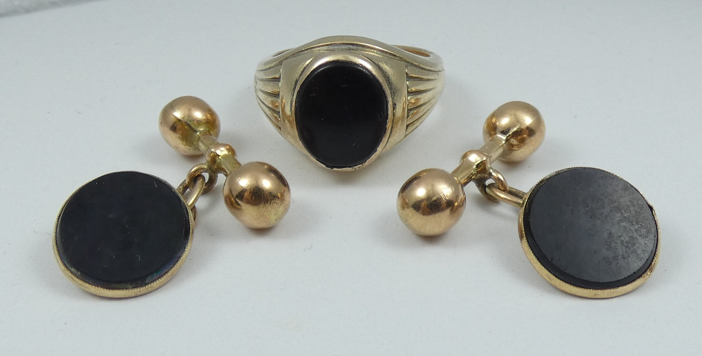Vintage Large 9ct Yellow Gold Black Onyx 3pc Mens Signet Ring Cufflink Set 59 R