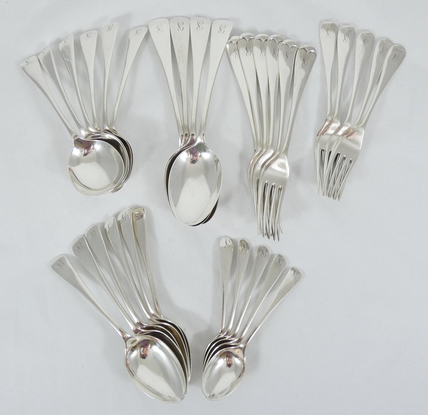 Antique Art Deco 1922 32pc 6p Sterling Silver Cutlery Set Old English Fork Spoon