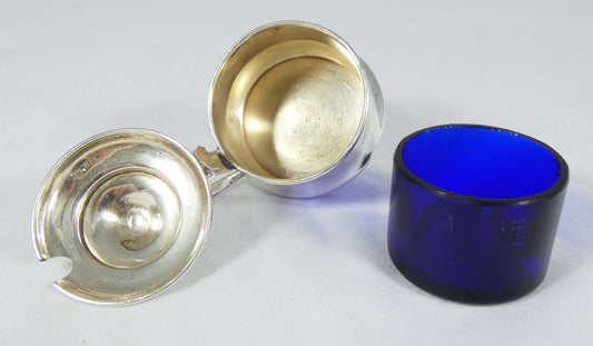 Antique Edwardian 1919 Sterling Silver & Blue Glass Lidded Mustard Pot Dish Set
