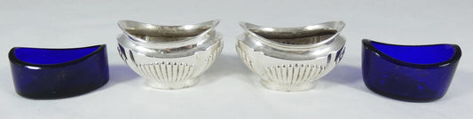 Antique Edwardian 1905 Pair of Sterling Silver Blue Glass Open Salt Cellar Dish