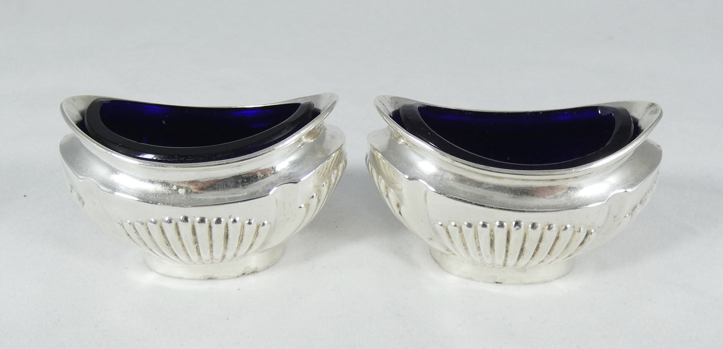Antique Edwardian 1905 Pair of Sterling Silver Blue Glass Open Salt Cellar Dish