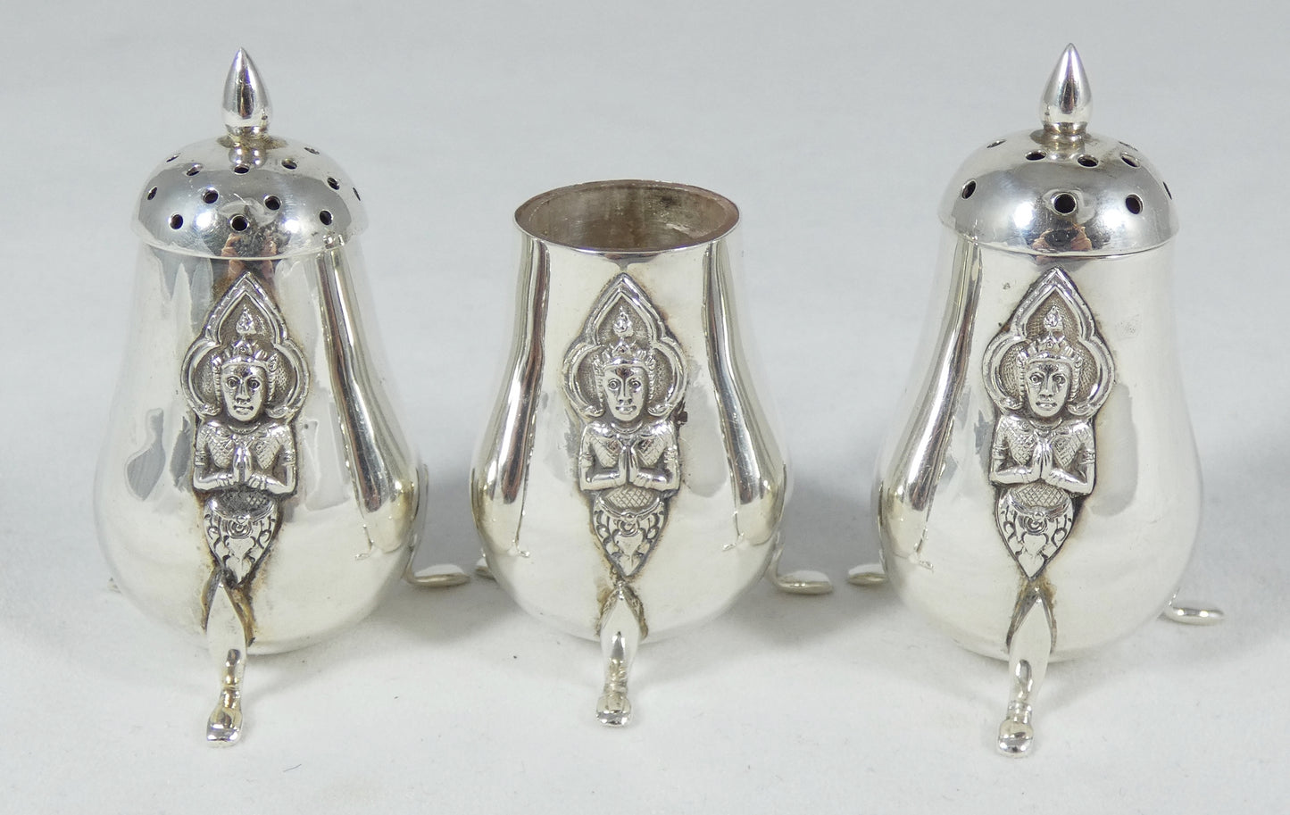 Antique Vintage Thailand Sterling Silver Goddess 3p Cruet Set Salt Pepper Shaker