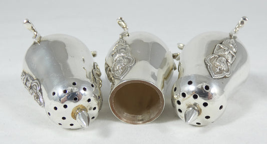 Antique Vintage Thailand Sterling Silver Goddess 3p Cruet Set Salt Pepper Shaker