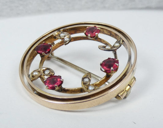 Antique Edwardian 1900 Solid 9ct Yellow Gold Ruby Seed Pearl Wreath Brooch Pin