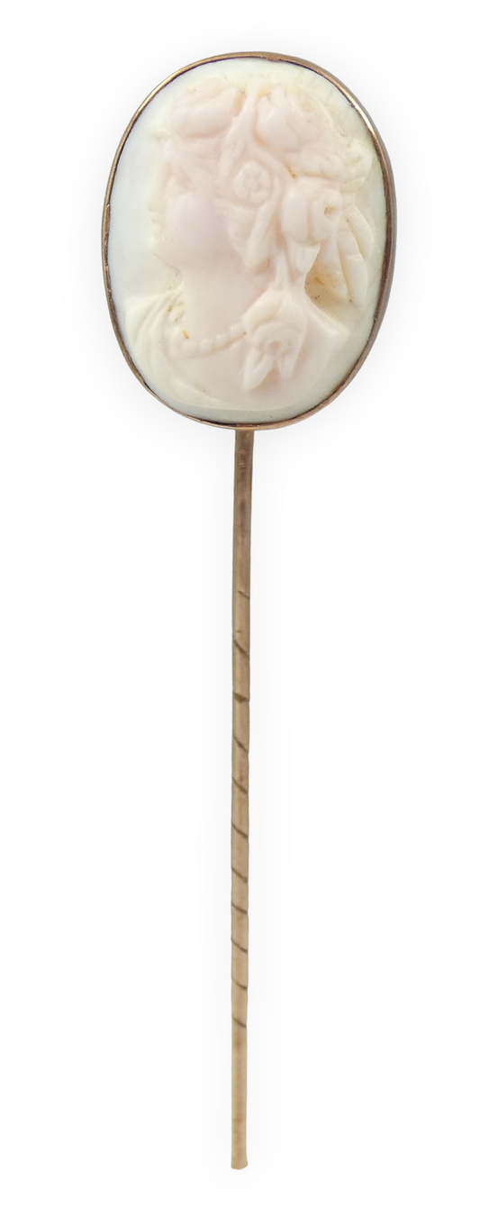 Antique Edwardian Solid 9ct Gold Large 95mm Conch Shell Cameo Stick Hat Pin Lady