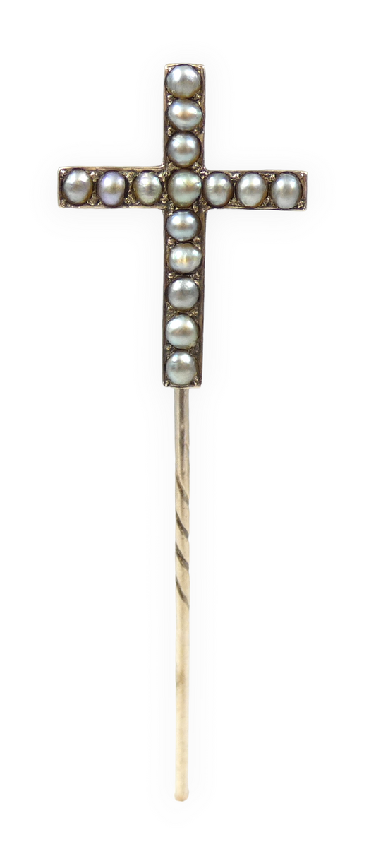Antique Edwardian 1900 Solid 9ct Gold & Pearl Crucifix Cross Hat Stick Hair Pin