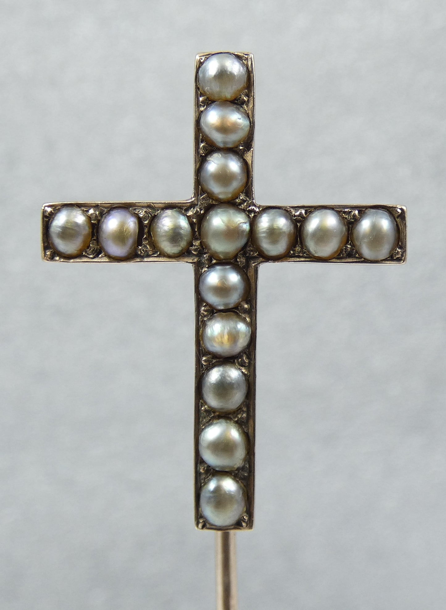 Antique Edwardian 1900 Solid 9ct Gold & Pearl Crucifix Cross Hat Stick Hair Pin