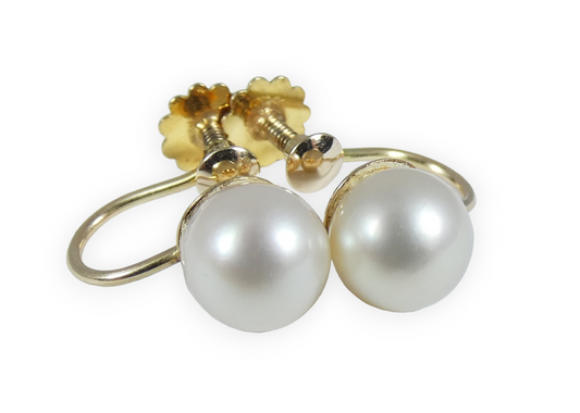 Vintage Pair Set of Solid 9ct Yellow Gold & 7.5mm Pearl Screw On Back Earrings