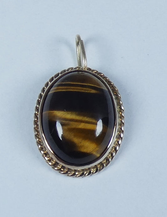 Antique Vintage Solid 9ct Yellow Gold & Oval Tiger's Eye 19mm Necklace Pendant