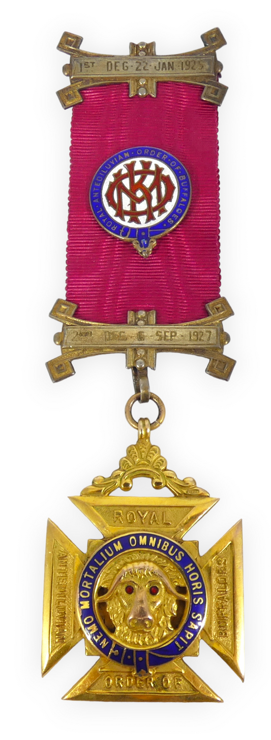 Antique 1932 Heavy 22gm 9ct Yellow Gold RAOB Medal Pendant Royal Buffaloes Sash