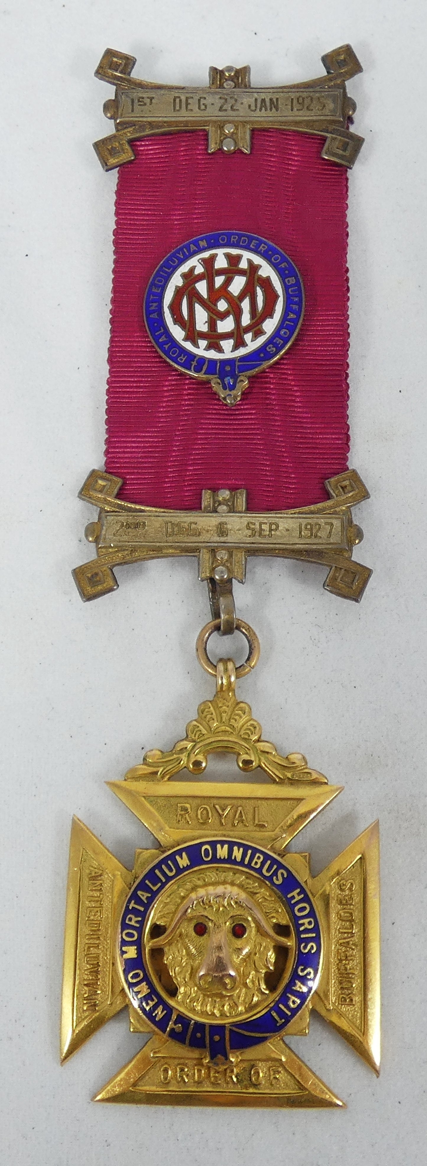 Antique 1932 Heavy 22gm 9ct Yellow Gold RAOB Medal Pendant Royal Buffaloes Sash