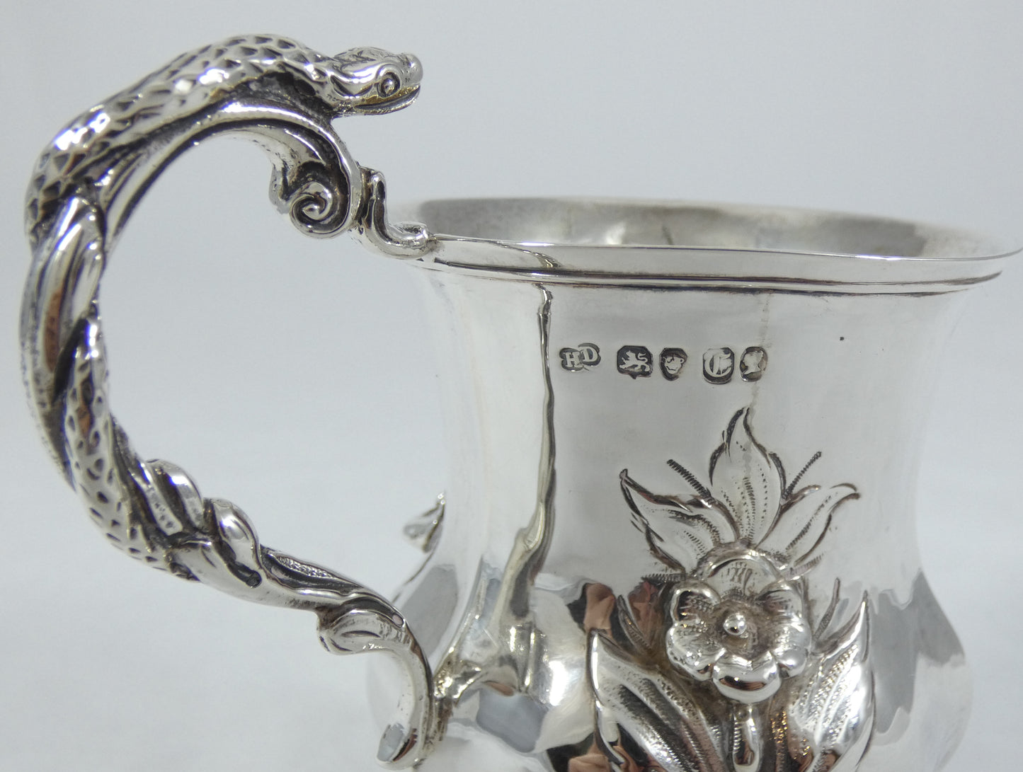 Antique Victorian 1838 Sterling Silver Snake Handle Christening Mug Cup No Mono