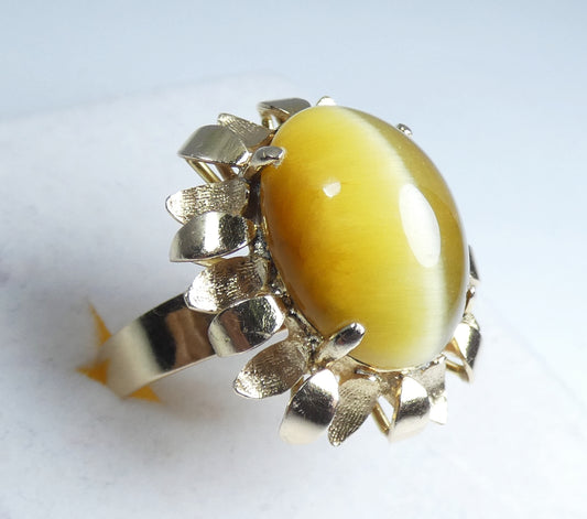 Vintage 18ct Yellow Gold Cats Tiger Eye Flower Cocktail Dress Ring 9 R 59 8.21gm
