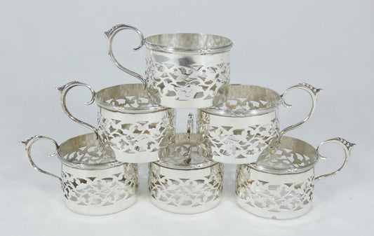 Antique Edwardian Set of 6 Sterling Silver Demitasse Coffee Liqueur Cup Holders