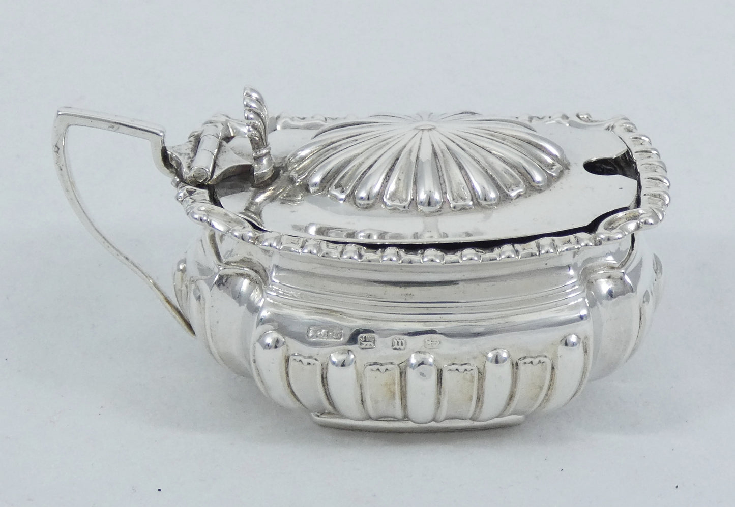 Antique Victorian 1896 Sterling Silver Blue Glass Mustard Pot Bowl Dish Cruet EB