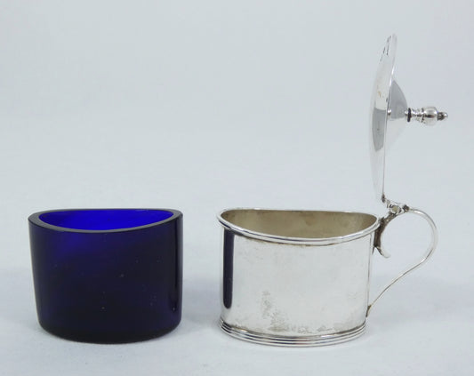 Antique Art Deco 1920 Sterling Silver Blue Glass Mustard Pot Bowl Dish Cruet Set
