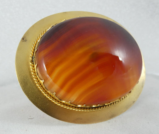 Antique Victorian 1880 Solid 18ct Yellow Gold Large Banded Agate Brooch Pin 32gm