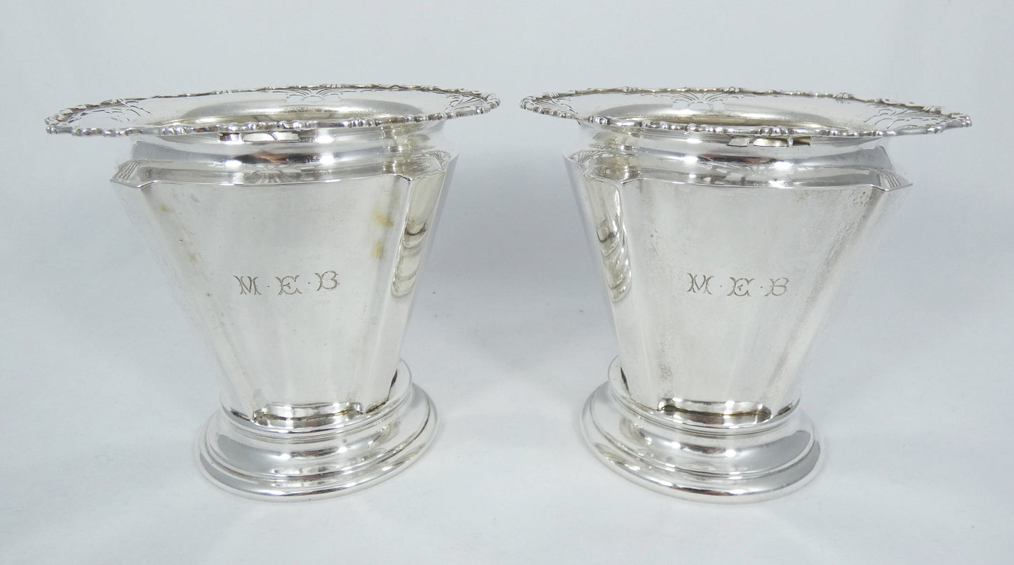 Antique Edwardian 1910 Pair of Sterling Silver 12cm Mantle Flower Vases Pots Set
