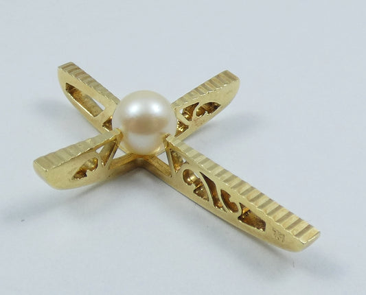 Vintage Solid 18ct Yellow Gold 6mm Pearl Large 33mm Cross Necklace Pendant 750