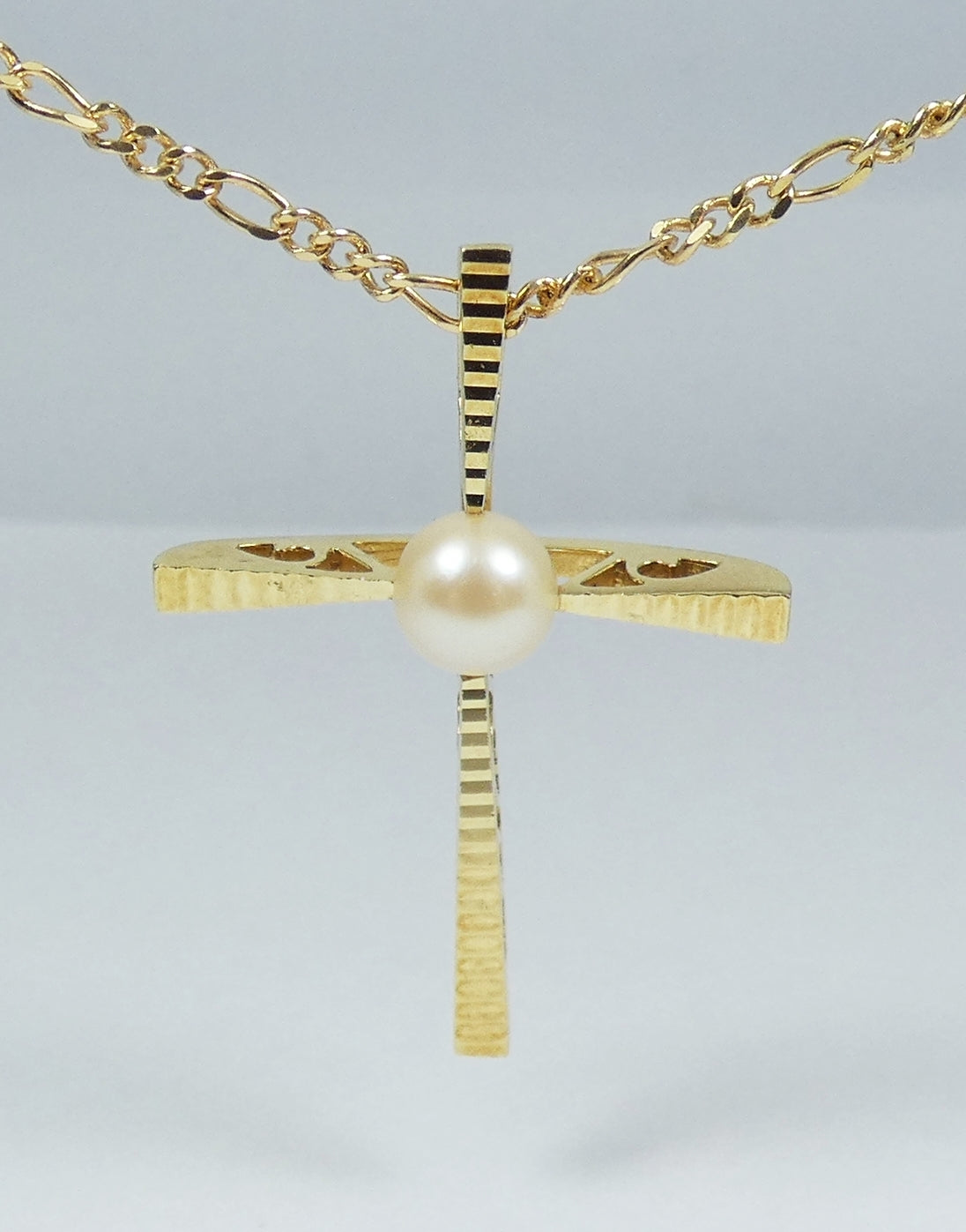 Vintage Solid 18ct Yellow Gold 6mm Pearl Large 33mm Cross Necklace Pendant 750