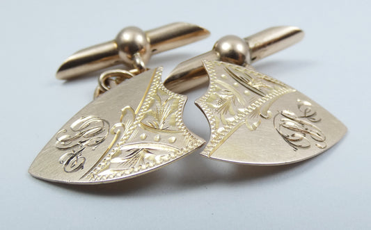 Antique Vintage Set of Solid 9ct Yellow Gold Shield Cufflinks Bright Cut 4.83gms