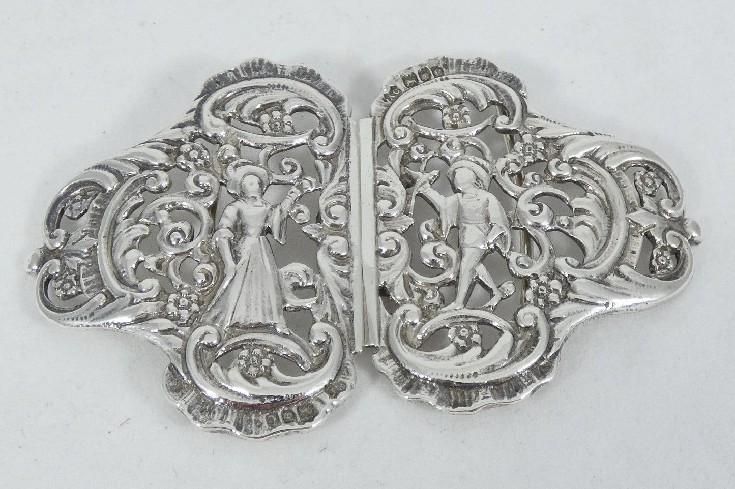 Antique Victorian 1898 Sterling Silver Figural Ladies Belt Buckle Pendant Maiden