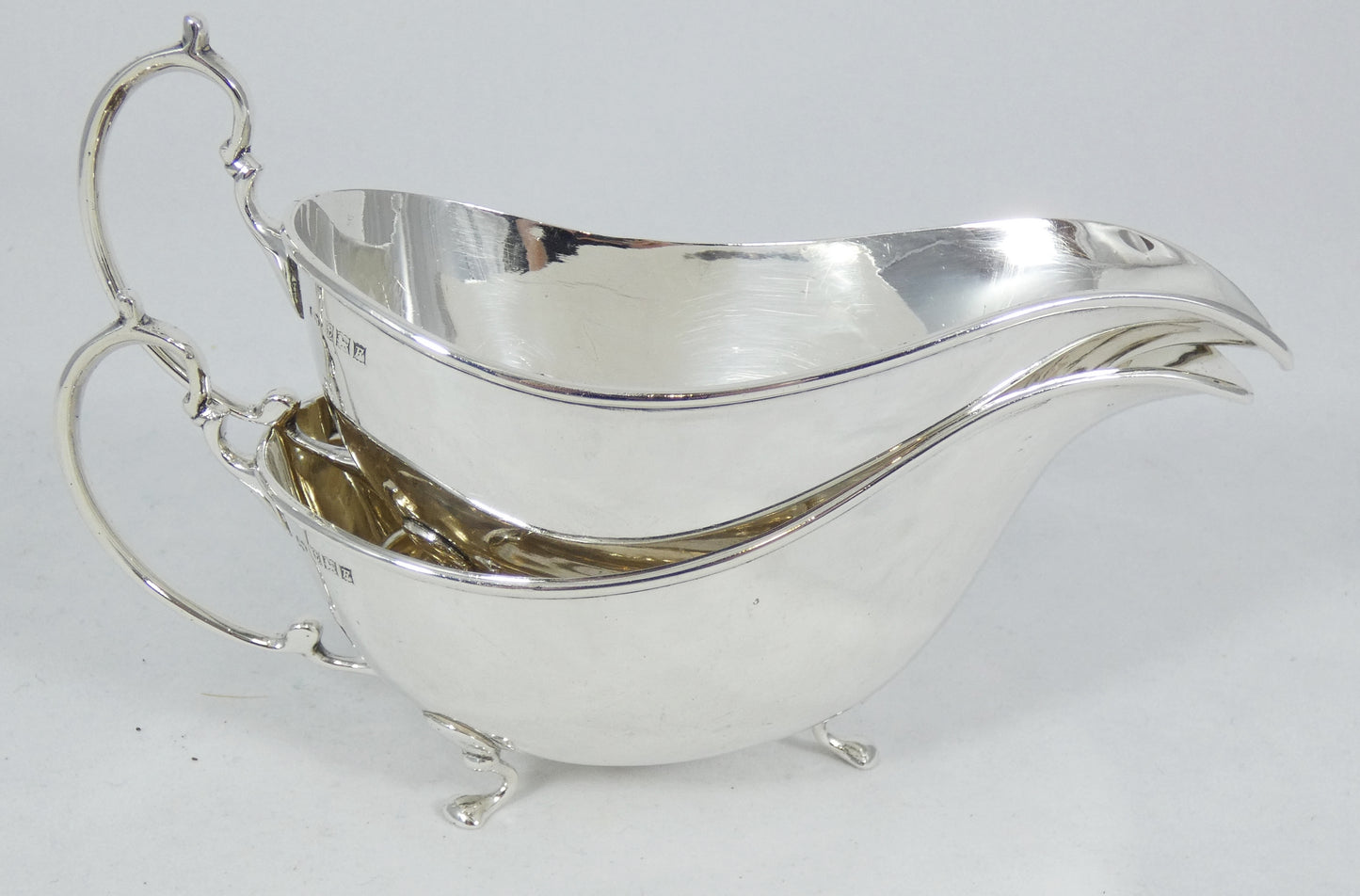 Antique Vintage 1955 Pair of Sterling Silver Gravy Boats Sauce Jugs Creamer Set