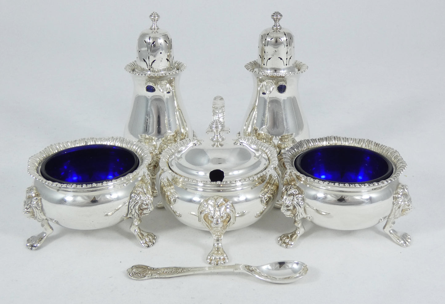 Antique Vintage 1950 6pc Sterling Silver Cruet Set Lion Paw Feet Salt Cellar Pot