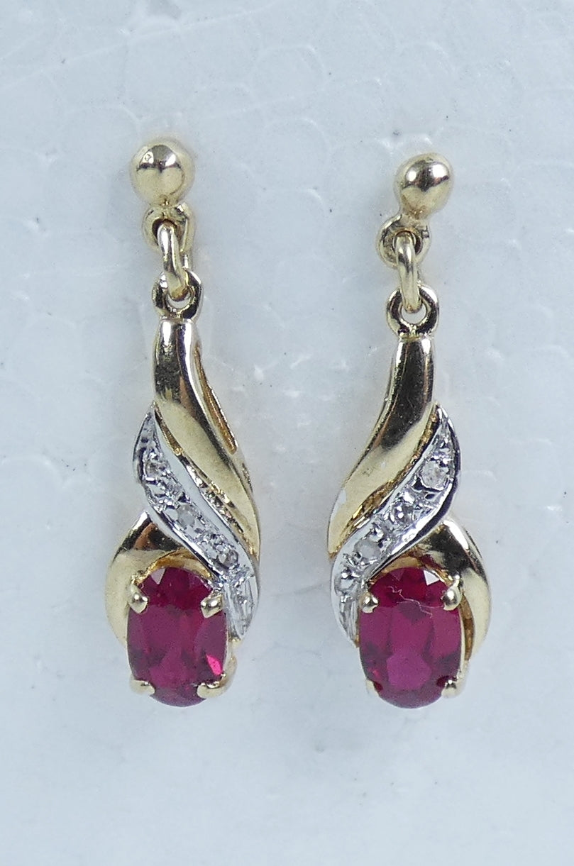Solid 9ct Yellow Gold Pair of Pink Red Ruby & Diamond Trio Stud Earrings Set 375