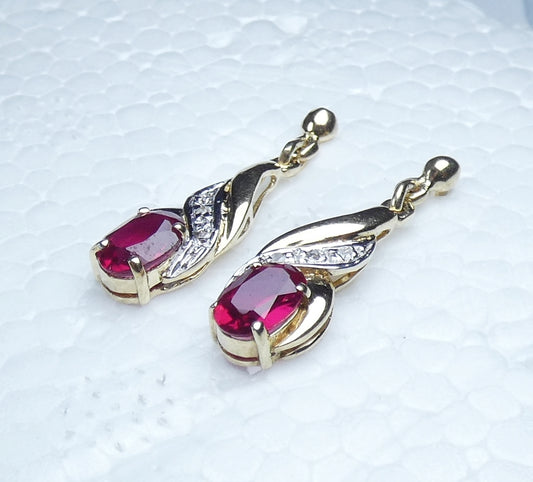 Solid 9ct Yellow Gold Pair of Pink Red Ruby & Diamond Trio Stud Earrings Set 375