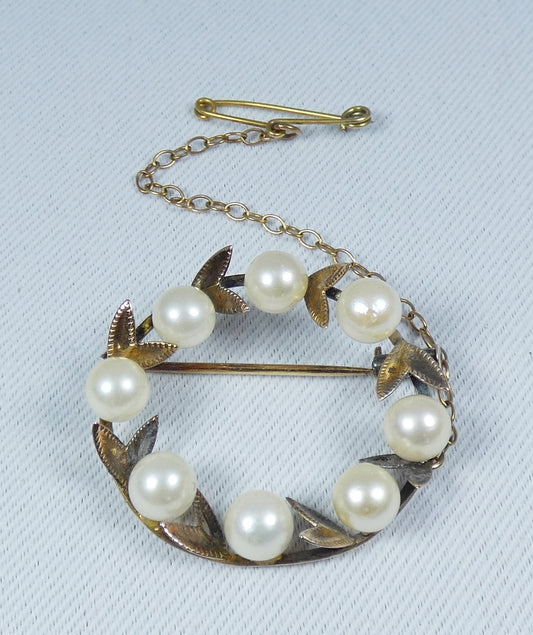 Antique Vintage Solid 14ct Yellow Gold & Pearl Wreath Circle Brooch Pin & Chain
