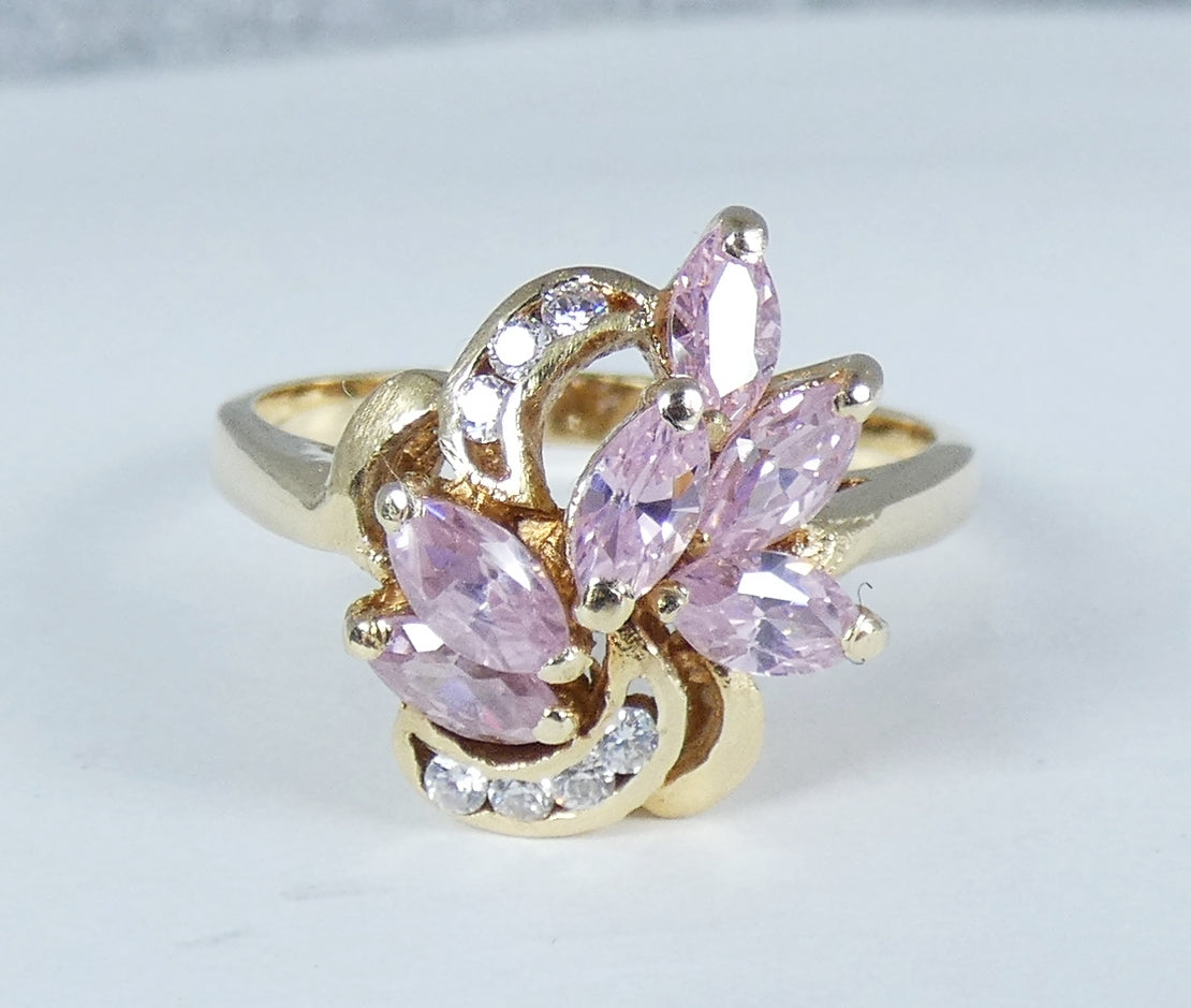 Vintage 18ct Yellow Gold Pink Kunzite Marquise Navette Cluster Dress Ring 8 P 56