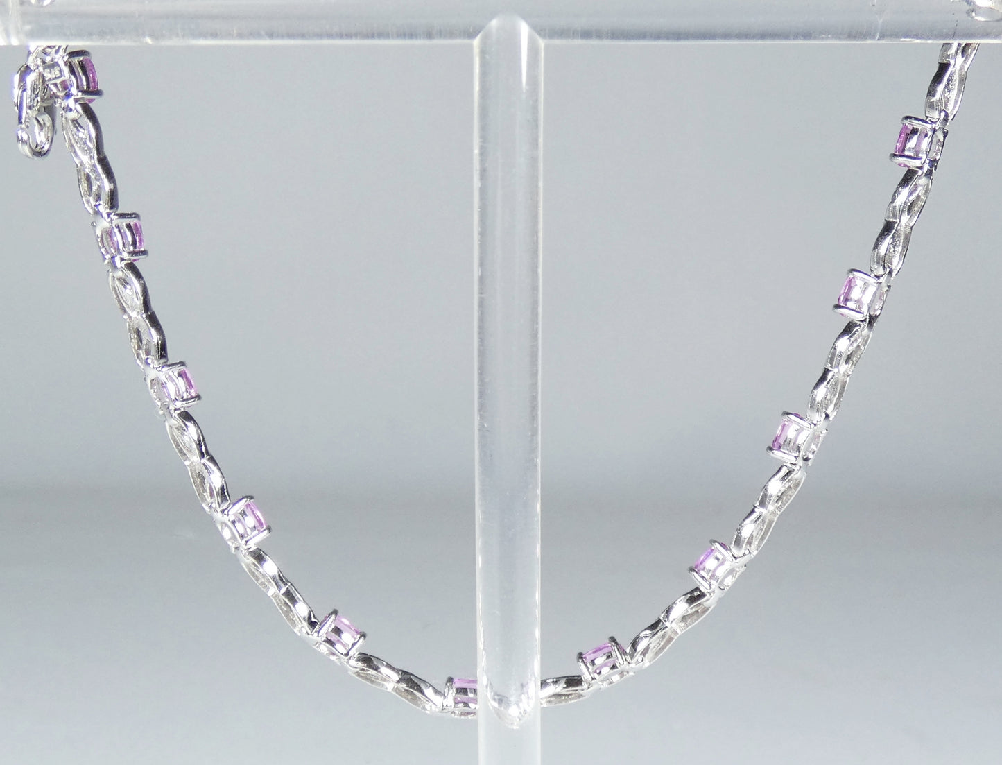 Solid 9ct White Gold Flamingo Pink Topaz & Diamond 16cm Chain Panel Bracelet 375