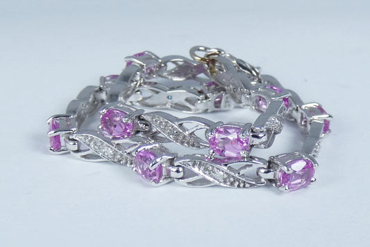 Solid 9ct White Gold Flamingo Pink Topaz & Diamond 16cm Chain Panel Bracelet 375