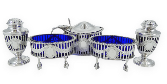 Antique Edwardian 1907 Sterling Silver Blue Glass 5pc Cruet Set Mustard Salt Pot