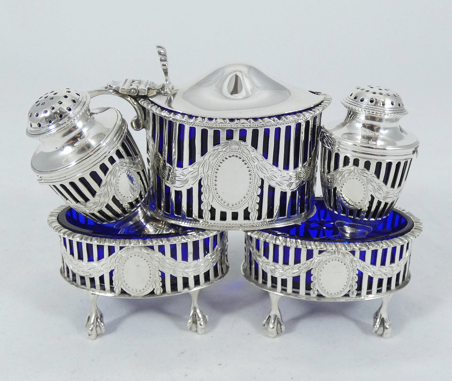 Antique Edwardian 1907 Sterling Silver Blue Glass 5pc Cruet Set Mustard Salt Pot