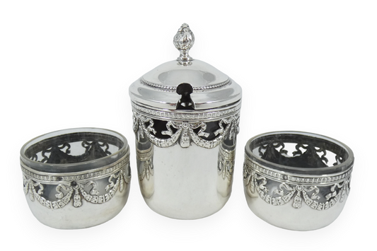 Antique 1900 French 950 Sterling Silver 3pc Cruet Set Salt Cellar Mustard Pot