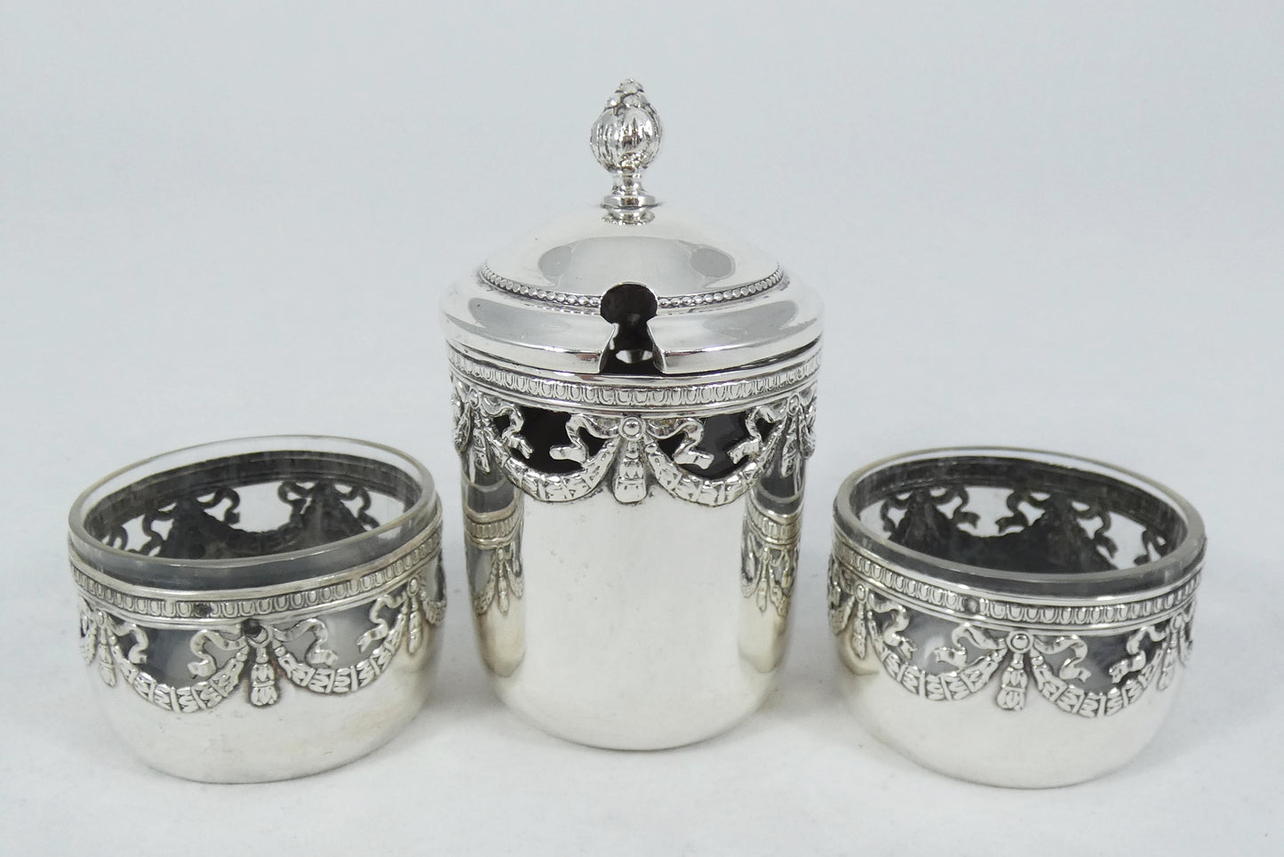 Antique 1900 French 950 Sterling Silver 3pc Cruet Set Salt Cellar Mustard Pot