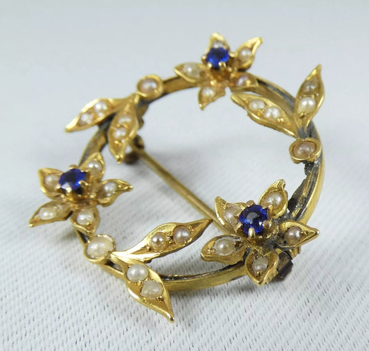 Antique Victorian 1890 15ct Yellow Gold Seed Pearl Flower Wreath Brooch Pin Blue